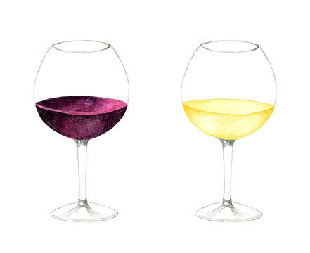 白ワインと赤ワインのセット　飲み物（お酒）の手描き水彩イラスト素材