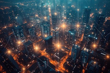 An aerial view capturing the vibrant lights emanating from buildings and streets in a city at night, Sparse depiction of a connected smart city, AI Generated