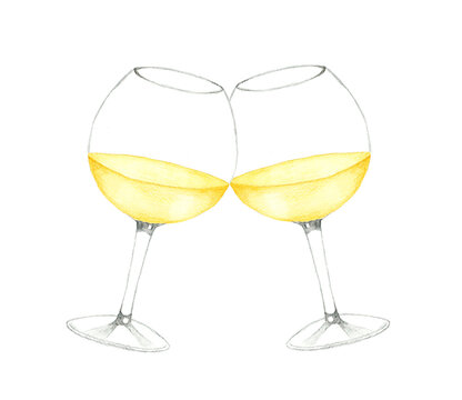 白ワインで乾杯　飲み物（お酒）の手描き水彩イラスト素材