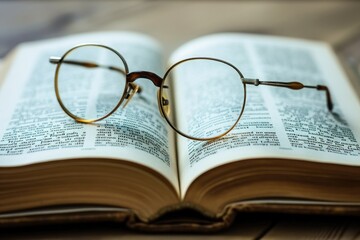 A book with a pair of glasses sitting on its cover, creating a visual representation of reading and intellect, Spectacles resting on an open book, AI Generated - Powered by Adobe