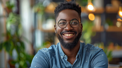Close-up of a bearded man with glasses, joyfully smiling in an indoor setting with warm lights - obrazy, fototapety, plakaty