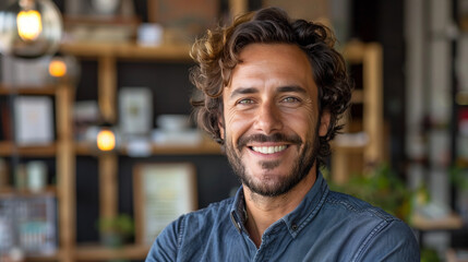 Handsome smiling man in a casual shirt seated at a contemporary restaurant
