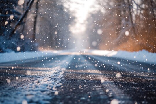 A snow-covered road winds through a dense forest, creating a stark contrast against the white landscape, Sparse snowflakes falling gently onto a peaceful country road, AI Generated
