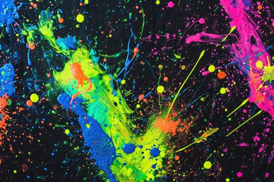 Group of Colorful Paint Splatters on Black Background, Spatters of bright neon colors on a dark, contrasting background, AI Generated