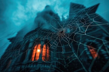 A detailed spider web stretches across the side of a building in an urban setting, Spiders weaving intricate webs around a haunted house, AI Generated