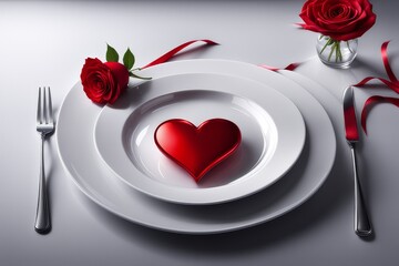 Valentine day table setting with plate, gift box with festive red ribbon - Powered by Adobe