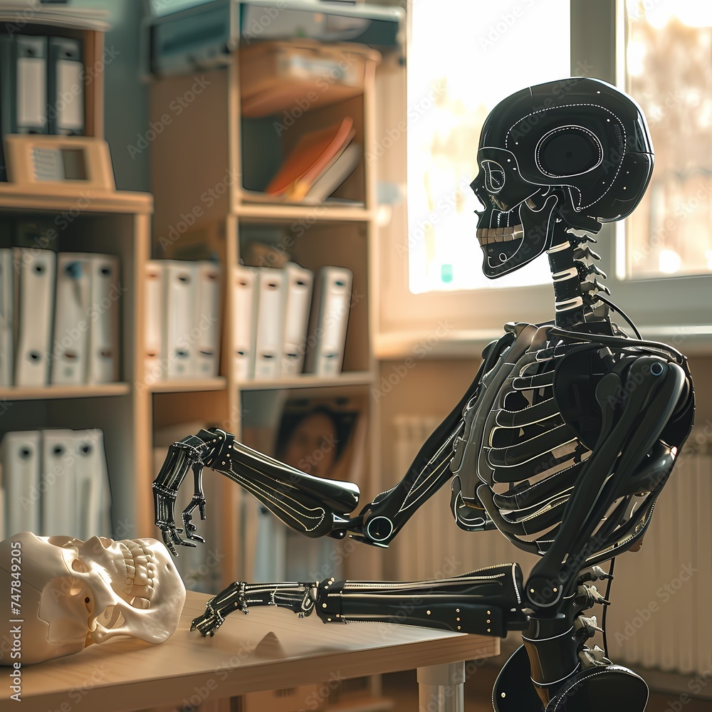 Poster a robotic skeleton examines a skull in a classroom, blending elements of biology and robotics. the s