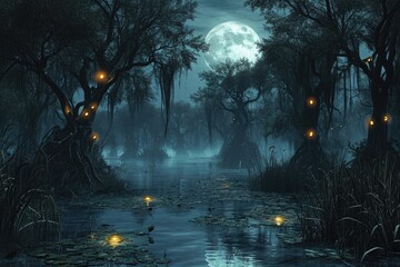 A Painting of a Swamp at Night With a Full Moon, Spooky moonlit swamp with gnarled trees and glowing eyes, AI Generated