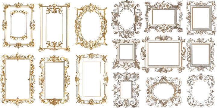 A set of decorative antique frames and borders set. vintage rectangular decorations and ornate frame. Decorative wedding frames, antique museum picture frames or a deco divider.