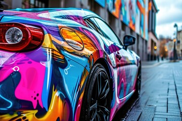A colorful car, painted in a striking shade of red, is parked on the side of the road, Sports car...
