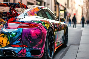 A brightly colored sports car is parked on the side of a busy road, adding a splash of color to the...