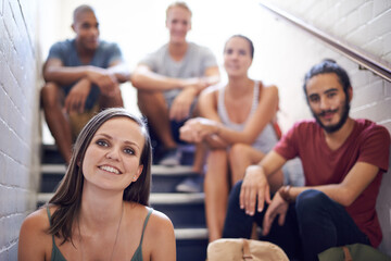 Woman, stairs and students in portrait, university and relaxing with education and friends. Men, women and people with diversity and scholarship for college and together, learning and course on steps