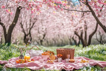A picnic scene showcasing a pink blanket spread on the ground, accompanied by a basket filled with an assortment of food, Springtime picnic in a blooming cherry blossom park, AI Generated