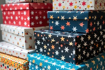 A vibrant and playful arrangement of boxes in various colors forming a neat stack, Stacked gift boxes covered in star-studded wrapping paper, AI Generated