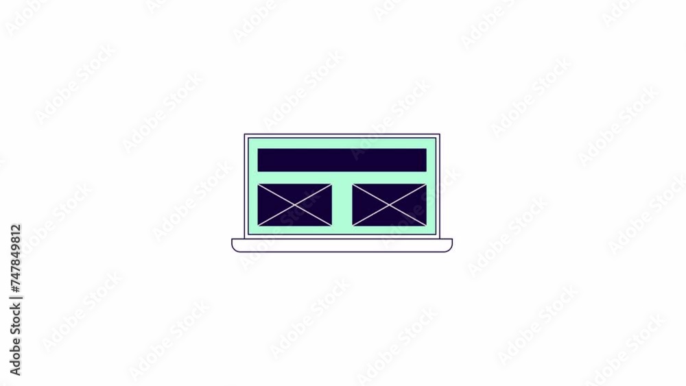 Poster website wireframe on laptop monitor line 2d object animation. structure of webpage development flat 