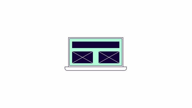 Website wireframe on laptop monitor line 2D object animation. Structure of webpage development flat color cartoon 4K video, alpha channel. Computer app design animated item on white background