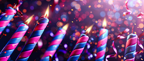 Birthday Party Celebration with Colorful Candles on Cake, Bright Joyful Decor and Sparkler Light - obrazy, fototapety, plakaty