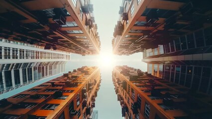 Explore striking urban landscapes featuring towering buildings and corporate structures from a unique frog's-eye view. 4k seamless loop background