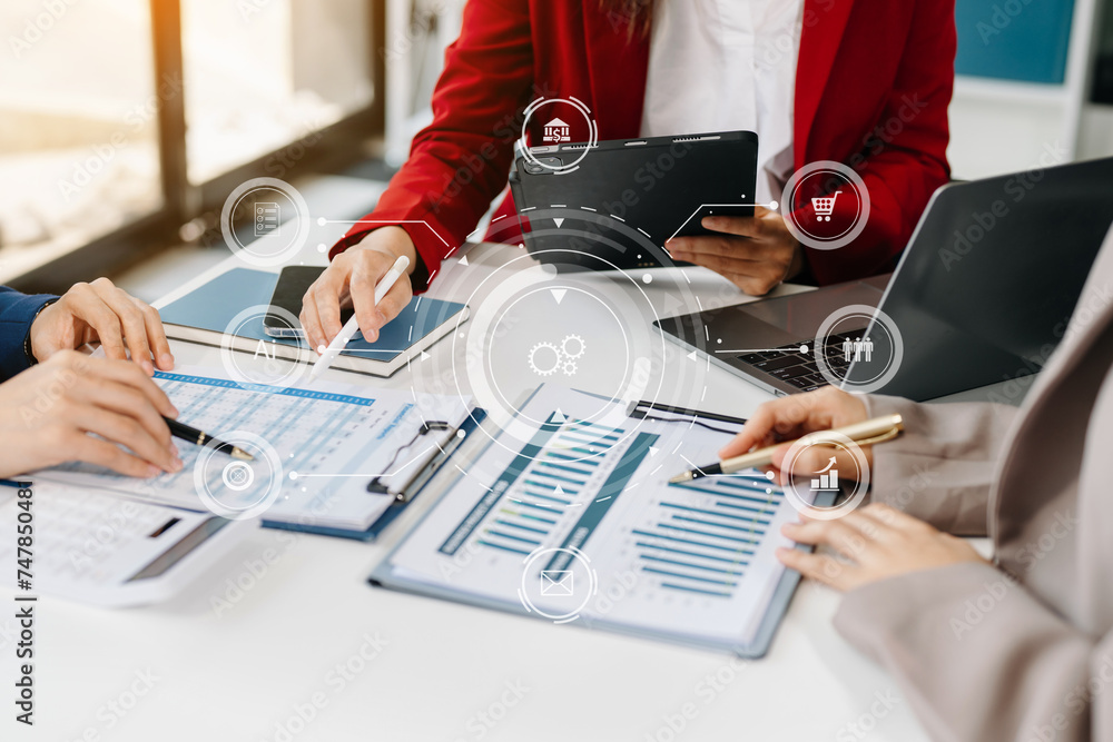 Poster working team meeting concept, business using laptop and smart phone and digital tablet computer with