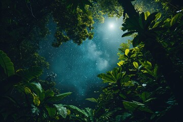Fototapeta na wymiar A photo capturing the rich density of a forest, featuring an abundance of green trees illuminated by the night sky, Starry night over a thriving rainforest, AI Generated