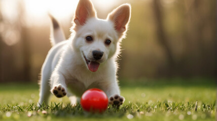 Adorable dog playing with little red ball on the lawn in the park
