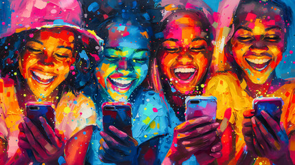 Joyful Friends Sharing Moments, Laughing and Using Smartphone Together, Happy Group Connection