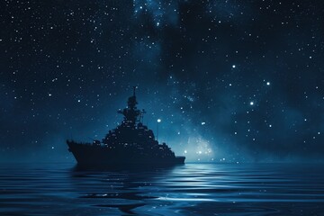 Majestic Ship Floating on Water, Surrounded by Starlit Sky, Stealthy military cruiser gliding silently under brilliant starlit night, AI Generated