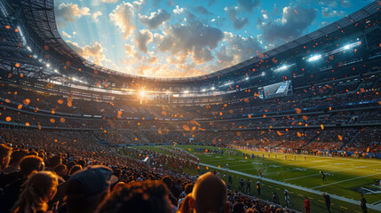 A bustling sports stadium during an evening game with the setting sun casting a warm glow over the enthusiastic crowd and field.