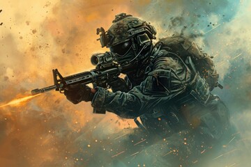 A soldier stands with a gun in his hand, showcasing his preparedness and duty to defend, Steampunk style artwork of a Special Forces soldier with sci-fi elements, AI Generated