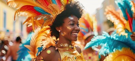 Amidst the Carnival parade's kaleidoscope of colors, a beautiful woman becomes the epitome of vibrancy and joy