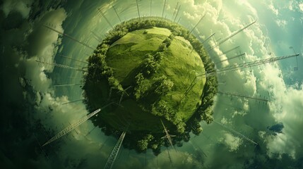 The green little planet transformation unfolds in a spherical panorama, offering a 360-degree abstract aerial view in a field with high voltage electric pylon towers and stunning clouds