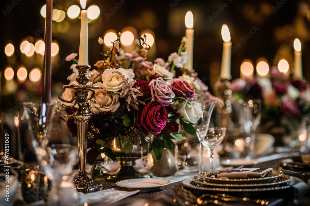 Aufkleber a table adorned with a generous display of various flowers and candles creating an inviting and atmo