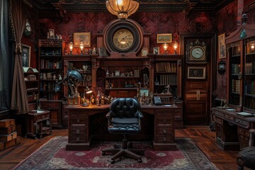 A room featuring a functional desk, a comfortable chair, and a wall clock, Steampunk version of a...