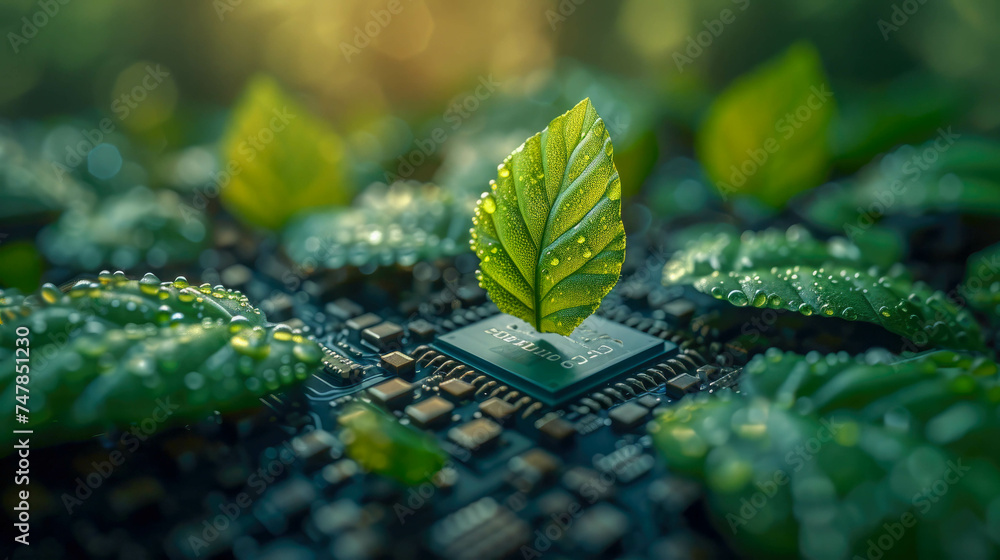 Poster close-up of green tree growing on computer circuit board. technology concept