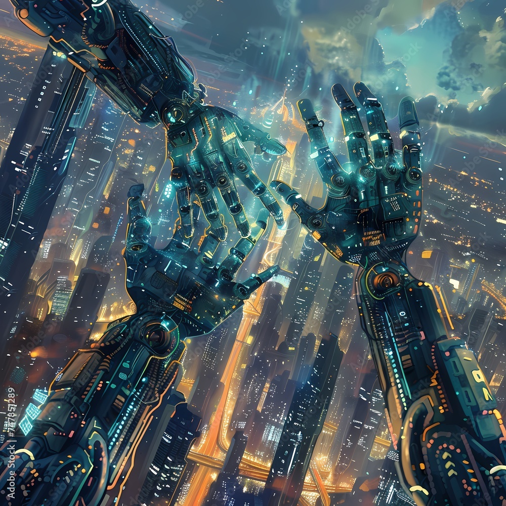 Poster two robotic hands are about to touch in a symbolic gesture against a backdrop of a glowing, dawn-lit