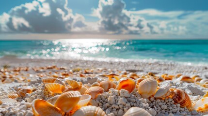 Fototapeta na wymiar close up Orange shells single are stuck on a pile of white sand, the blue sea is blurry in the background, and the sun is bright