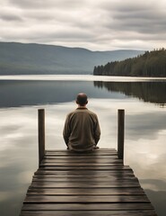 a man sitting at the end of a weathered wooden pier, his feet dangling above the tranquil lake's...