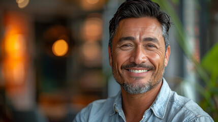 Portrait of a cheerful middle-aged man with salt-and-pepper hair and stubble in a casual shirt, with bokeh background - obrazy, fototapety, plakaty