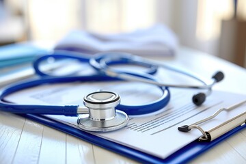 A blue stethoscope is shown sitting on top of a clipboard, ready for medical examination, Stethoscope and medical report lying casually on a table, AI Generated