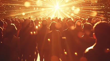 The starburst background illuminates the silhouette of a crowd of party people.