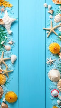 Beach Accessories On Blue Plank - Summer Holiday Banner