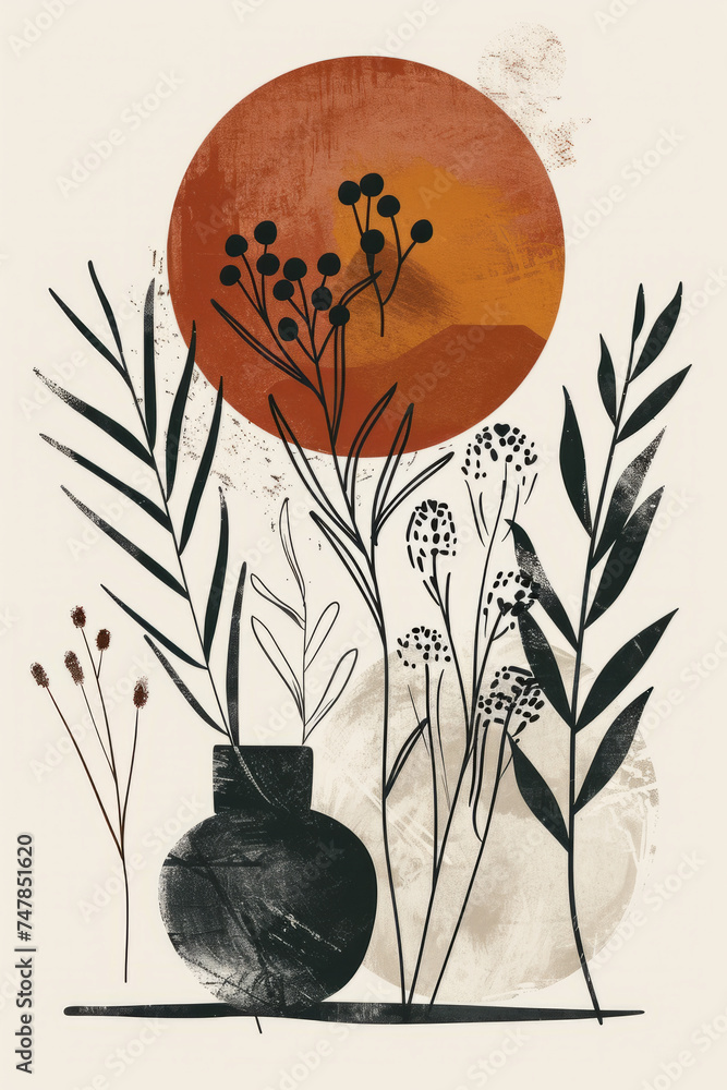 Poster artistic representation of a vase with various stylized plants against an abstract background with a