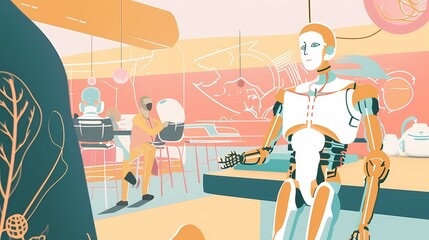 Obraz premium A humanoid robot serves customers in a futuristic cafe, illustrating the potential of service robots in daily life. The scene blends modern design with robotics. AI Generative