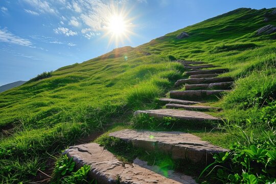 A set of stone steps ascend a lush grassy hill, providing a path to reach the top, Stone steps leading excited trekkers up a green hill towards the brilliant sun, AI Generated