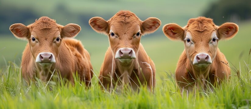 A group of three brown cows are standing on top of a vibrant green field. The cows are calmly grazing on the lush grass, enjoying the sunny day in their natural habitat.