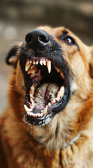 Ein böser deutscher Schäferhund reißt sein Maul auf und ist aggressiv