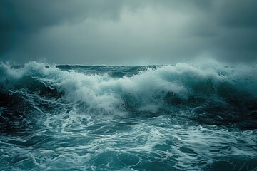 A large body of water with powerful waves crashing onto the shoreline, creating a dynamic and energetic scene, Stormy ocean waves under a graying sky, AI Generated - obrazy, fototapety, plakaty