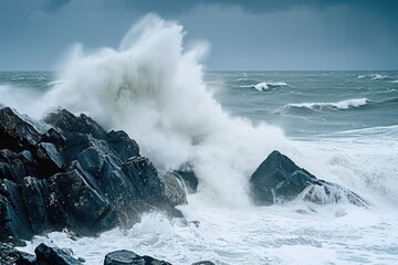 A massive wave crashes forcefully against a rugged formation of rocks in the ocean, Stormy sea with waves crashing over rocks, AI Generated - obrazy, fototapety, plakaty