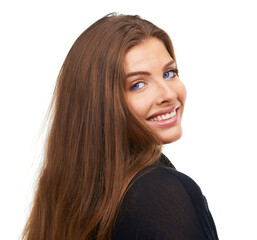 Smile, hair care or portrait of happy woman in studio for keratin growth or healthy natural shine....