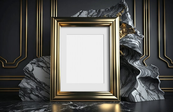 Gold frame in dark modern interior Mockup. Template of an empty framing. Generative Ai